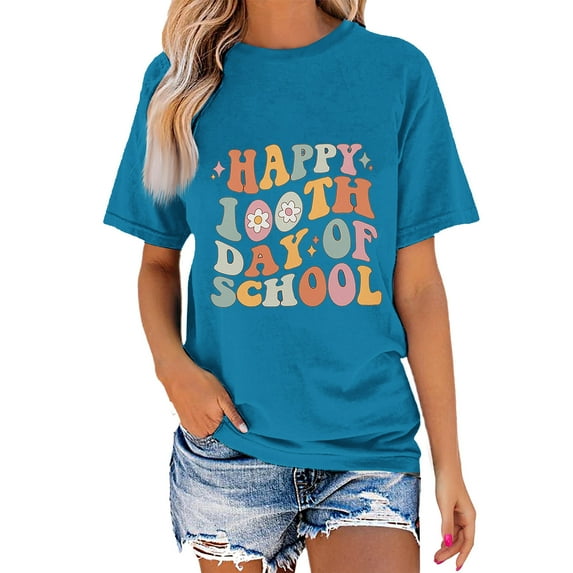Lovskoo 2024 Women's 100 Days Of School Shirt Trendy Casual Short Sleeve Round-Neck Printed Ladies Tops Blouse Blue-XL