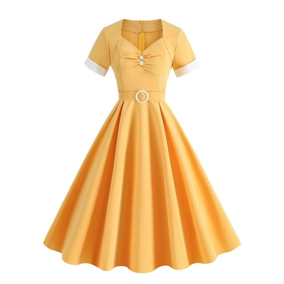 Lovskoo 2024 Women's 1950 Elegant Vintage Flared A Line Swing Dresses Short Sleeve Sweetheart Neck Line Retro Cocktail Party Swing Dresses Yellow L