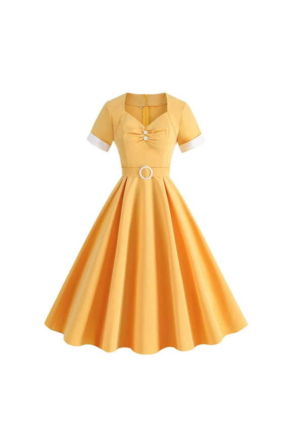 2024 Women's 1950 Elegant Vintage Flared A Line Swing Dresses Short Sleeve Sweetheart Neck Line Retro Cocktail Party Swing Dresses Yellow XL