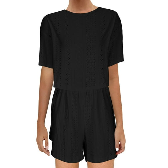 Lovskoo 2024 Women's 2 Piece Eyelet Summer Outfits Short Sleeve Crewneck Tops Matching High Waisted Shorts Set Vacation Outfits Black 2XL