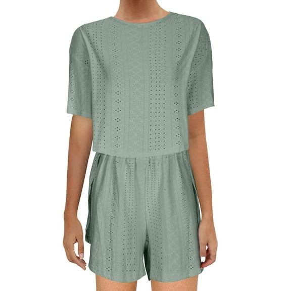 Lovskoo 2024 Women's 2 Piece Eyelet Summer Outfits Short Sleeve Crewneck Tops Matching High Waisted Shorts Set Vacation Outfits Green M