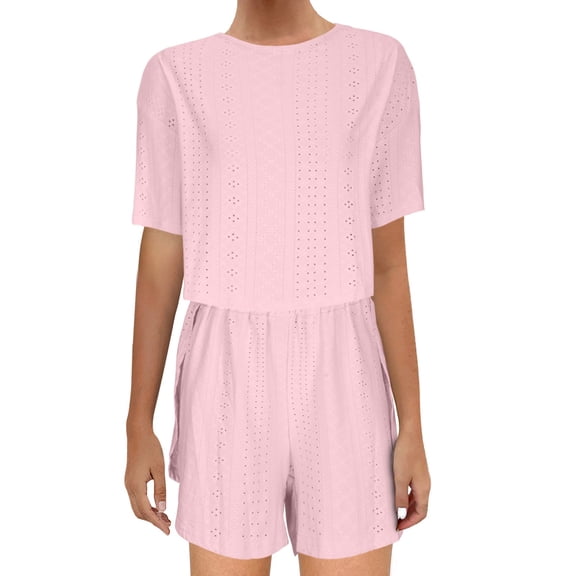 Lovskoo 2024 Women's 2 Piece Eyelet Summer Outfits Short Sleeve Crewneck Tops Matching High Waisted Shorts Set Vacation Outfits Pink L