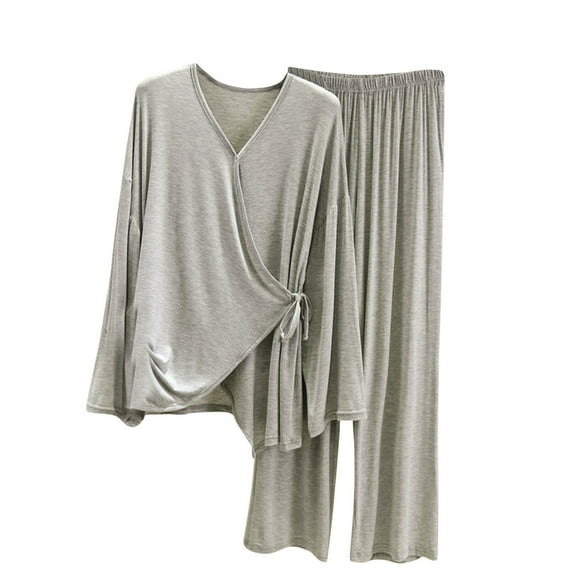 Lovskoo 2024 Women's 2 Piece Lounge Sets 2023 Long Sleeve Tie Front V Neck Wrap Top and Wide Leg Pants Casual Outfits Sets Sleepwear Loungewear Gray Free Size
