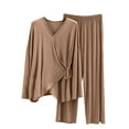 thumbnail image 1 of Lovskoo 2024 Women's 2 Piece Lounge Sets 2023 Long Sleeve Tie Front V Neck Wrap Top and Wide Leg Pants Casual Outfits Sets Sleepwear Loungewear Khaki Free Size, 1 of 9