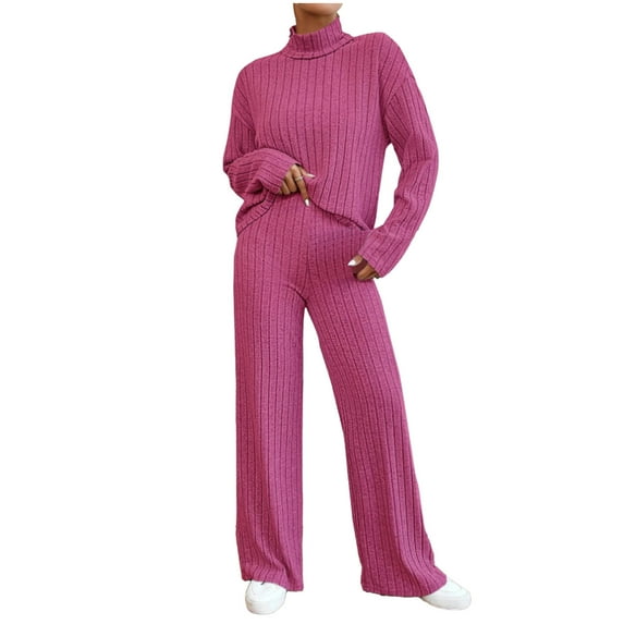 Lovskoo 2024 Women's 2 Piece Outfits Long Sleeve Turtleneck Knit Pullover Tops and Wide Leg Pant Lounge Set Hot Pink