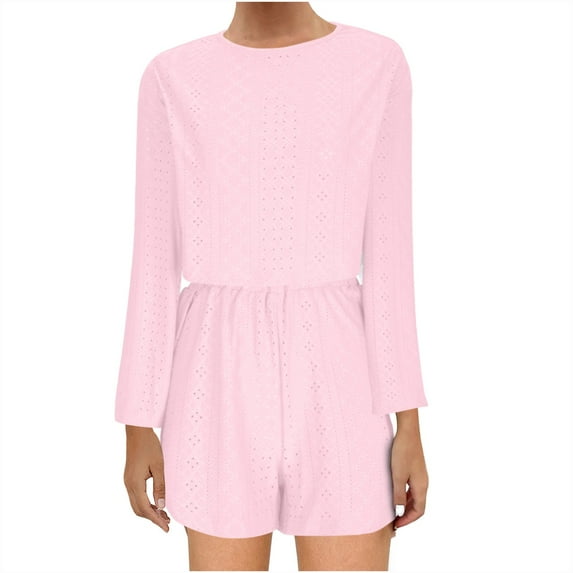 Lovskoo 2024 Women's 2 Piece Summer Outfits Long Sleeve Eyelet Crewneck Tops Matching High Waisted Shorts Set Vacation Outfits Pink XL