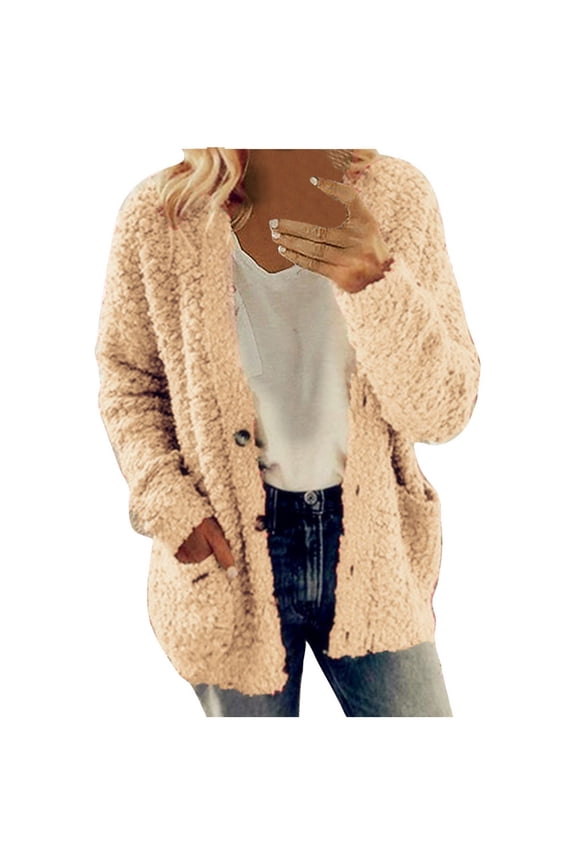 Women's Fall Long Sleeve Fuzzy Fleece Sweater Open Front Cardigan Button Loose Outerwear Khaki