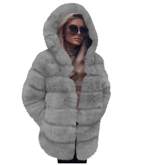 Lovskoo 2024 Women's 2023 Winter Faux Fur Jackets Open Front Hooded Cardigan Thick Warm Long Sleeve Coat Outerwear Gray