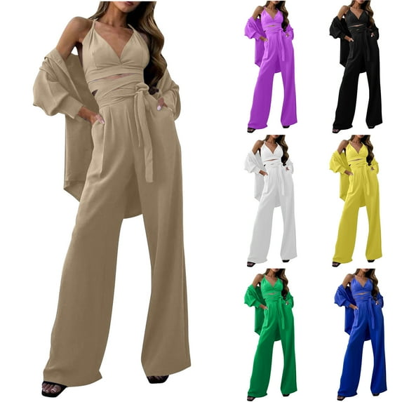 Lovskoo 2024 Women's 3 Piece Outfits Sets Button Front Jackets Lace Up Cami Tops and Straight High Waist Wide Leg Pants Yellow