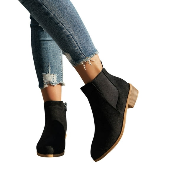 Lovskoo 2024 Women's Ankle Boots Closed Toe Four Seasons Thick Heel Low Heels Solid Color Low Top Side Zipper Hooded Short Boots Black