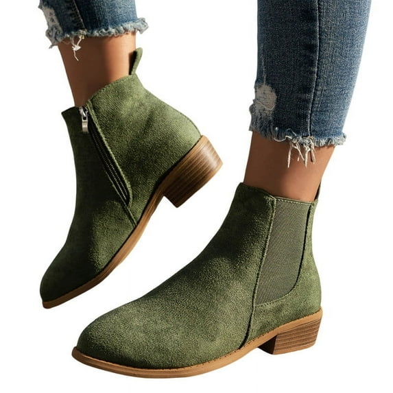 Lovskoo 2024 Women's Ankle Boots Closed Toe Four Seasons Thick Heel Low Heels Solid Color Low Top Side Zipper Hooded Short Boots Olive Green