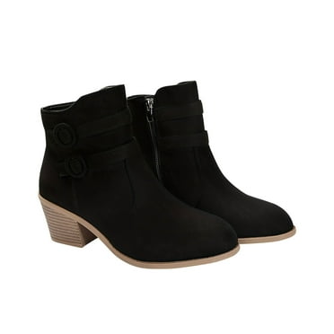 Lovskoo 2024 Women's Ankle Boots Closed Toe Retro Chunky Heeled Ankle Boots Double Buckle Strap Side Zipper Boots Comfortable Short Boots Black