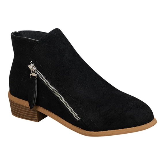 Lovskoo Women's Ankle Boots Closed Toe Vintage Slip on Boots Pointed Toe Round Thick Heel Solid Low Cut Side Zipper Short Shoes Black
