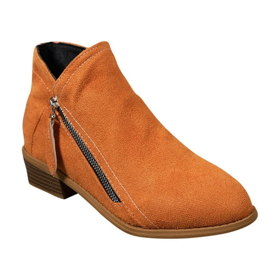 Lovskoo 2024 Women's Ankle Boots Closed Toe Vintage Slip on Boots Pointed Toe Round Thick Heel Solid Low Cut Side Zipper Short Shoes Orange