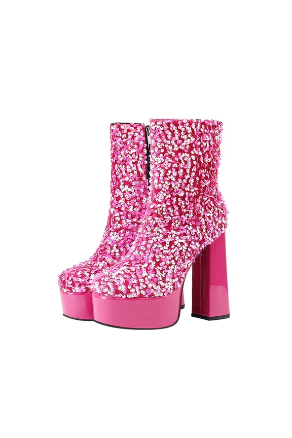 2024 Women's Ankle Boots Pointed Toe Chunky Heel Oversized Fall Winter Nightclub Water Proof Platform Sequins Thick High Heels Short Boots Pink