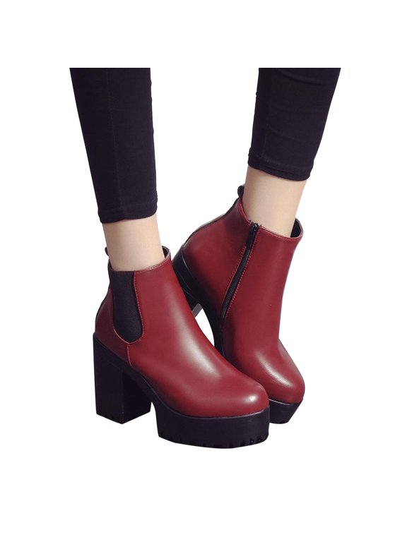Women's Ankle Boots Round Toe Platform Chunky Heel Low Barrel Waterproof Platform Thick High Heel Fleece Short Boots Claret