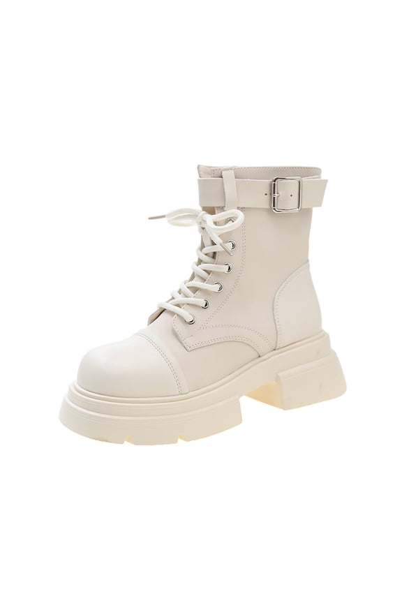 2024 Women's Ankle Combat Boots Round Toe Platform Side Zipper Fall Short Booties White