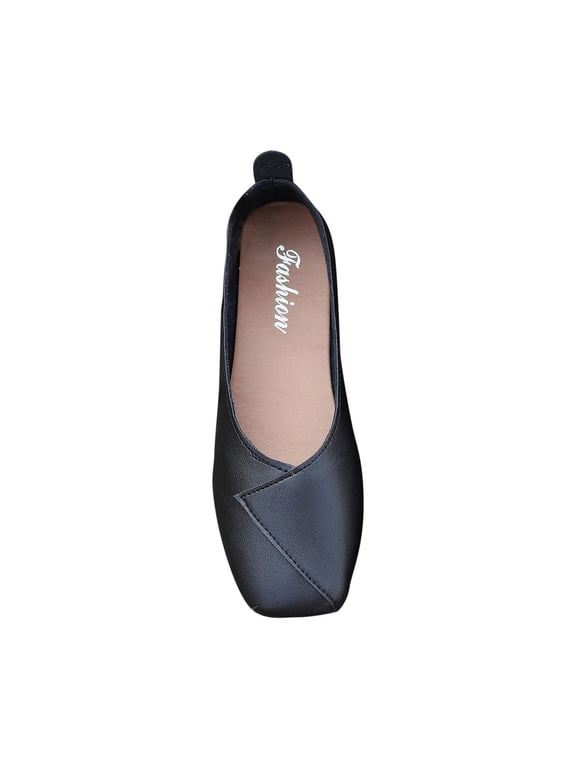 Women's Ballerina Flats Round Toe Black Rectangular Toe Shallow Mouthed Flat Shoes Leggings Beans Shoes Single Leather Shoes Work Shoes Black