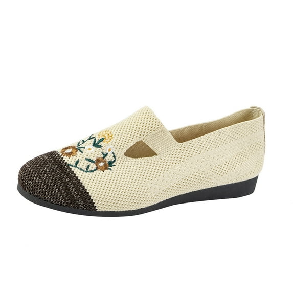 Lovskoo 2024 Women's Ballet Flat Shoes Knit Dress Shoes Round Toe Slip On Embroidered Ethnic Fleece Thickened Warm Flat Soft Sole Non-Slip Cotton Shoes Coffee