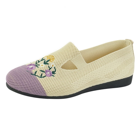 Lovskoo 2024 Women's Ballet Flat Shoes Knit Dress Shoes Round Toe Slip On Embroidered Ethnic Fleece Thickened Warm Flat Soft Sole Non-Slip Mother Cotton Shoes Purple