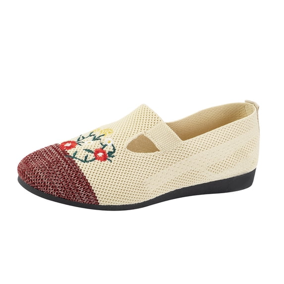 Lovskoo 2024 Women's Ballet Flat Shoes Knit Dress Shoes Round Toe Slip On Embroidered Ethnic Fleece Thickened Warm Flat Soft Sole Non-Slip Mother Cotton Shoes Claret