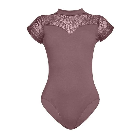 Lovskoo 2024 Women's Ballet Lace Short Sleeve Dance Leotard Tank Hollow Back Dancewear Coffee-S