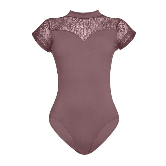 Lovskoo 2024 Women's Ballet Lace Short Sleeve Dance Leotard Tank Hollow Back Dancewear Coffee-XL
