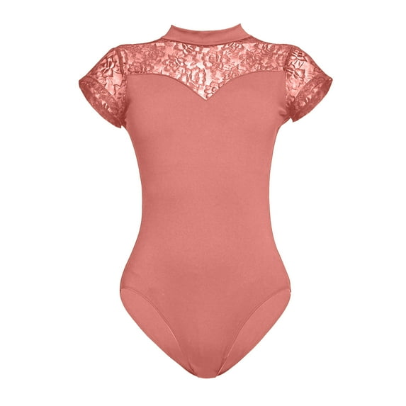 Lovskoo 2024 Women's Ballet Lace Short Sleeve Dance Leotard Tank Hollow Back Dancewear Watermelon Red-2XL
