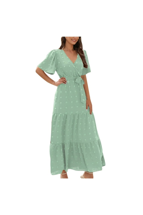 2024 Women's Boho Swiss Dot Flowy Dresses Floral Wrap Midi Dress V Neck Short Sleeve Belt Smocked Spring Fall Wedding Guest Dresses Mint Green 2XL