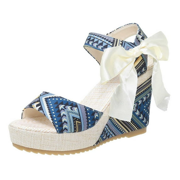 Lovskoo 2024 Women's Boho Wedge Sandals Open Toe Ankle Strap Summer Platform Bow Lace-Up Beach Sandals Blue
