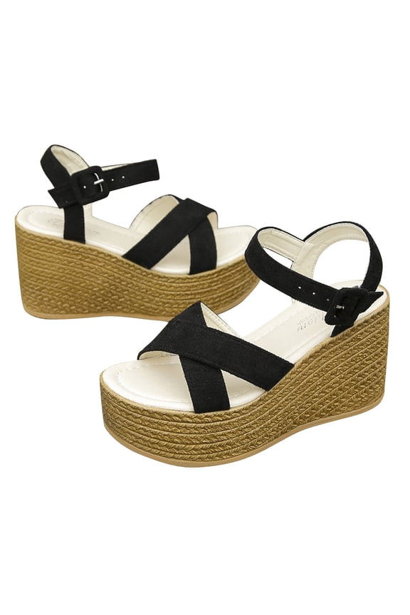 2024 Women's Boho Wedge Sandals Open Toe Ankle Strap Summer Platform Faux Suede Sandals Black
