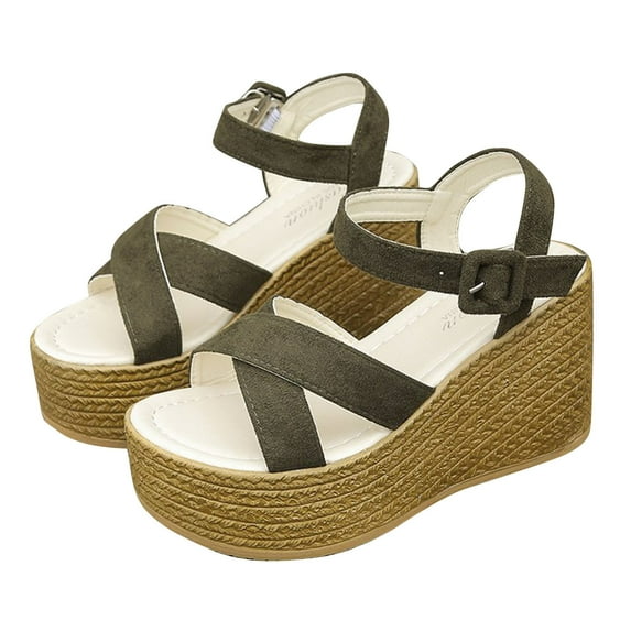 Lovskoo 2024 Women's Boho Wedge Sandals Open Toe Ankle Strap Summer Platform Faux Suede Sandals Olive Green