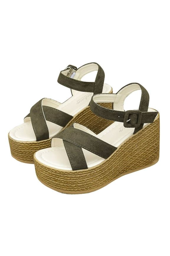 2024 Women's Boho Wedge Sandals Open Toe Ankle Strap Summer Platform Faux Suede Sandals Olive Green