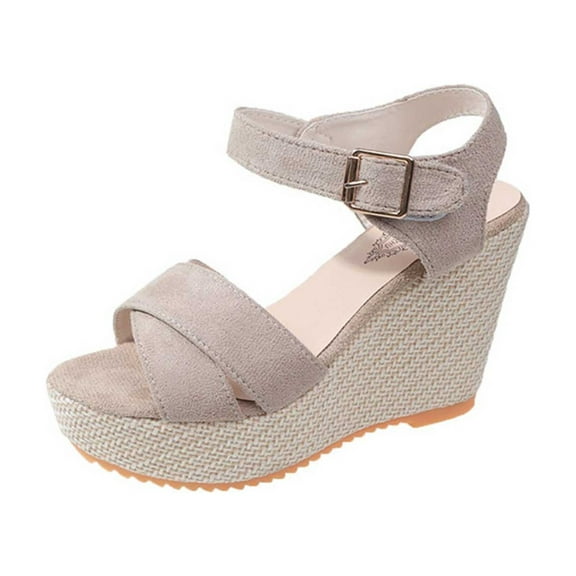 Lovskoo 2024 Women's Boho Wedge Sandals Open Toe Ankle Strap Summer Platform Sandals Beige