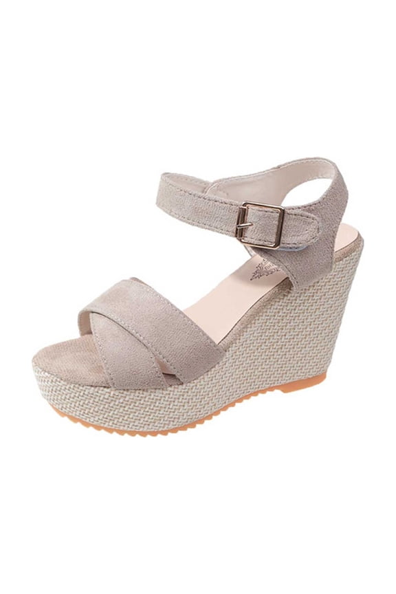 2024 Women's Boho Wedge Sandals Open Toe Ankle Strap Summer Platform Sandals Beige