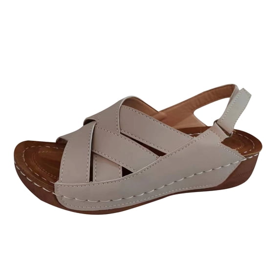 Lovskoo 2024 Women's Boho Wedge Sandals Open Toe Ankle Strap Summer Slingback Solid Color Platform Sandals Beige