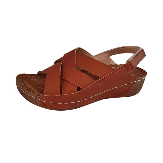Lovskoo 2024 Women's Boho Wedge Sandals Open Toe Ankle Strap Summer Slingback Solid Color Platform Sandals Brown