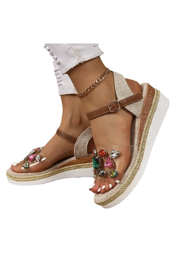 2024 Women's Boho Wedge Sandals Open Toe Rhinestone Summer Ankle Strap Buckle Thick-Soled Platform Comfortable Sandals Clear