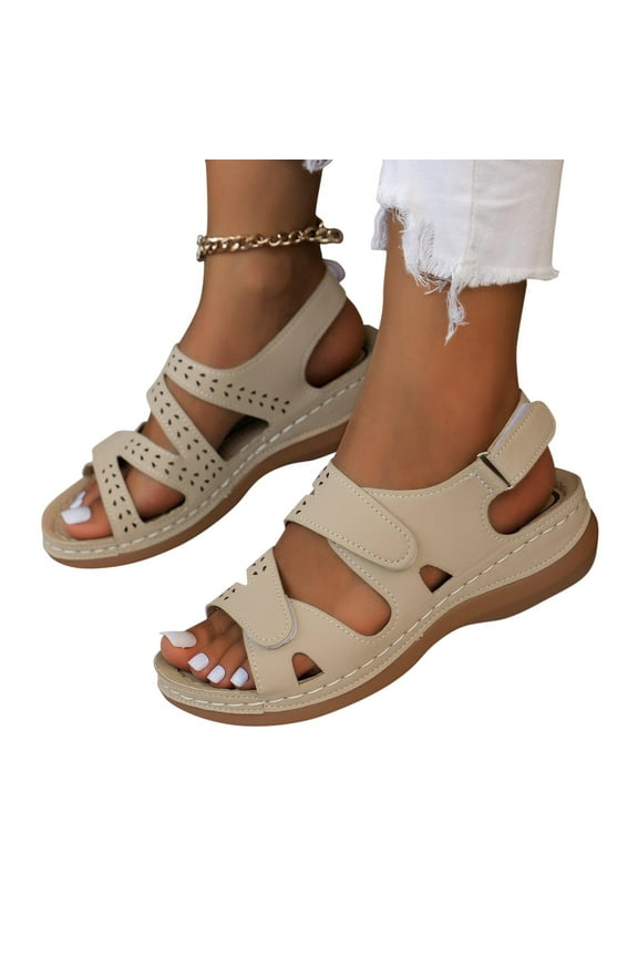 2024 Women's Boho Wedge Sandals Open Toe Summer Solid Color Platform Sandals Casual Ankle Strap Slingback Summer Comfy Shoes Beige
