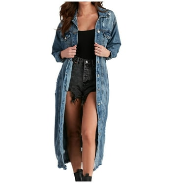 Lovskoo 2024 Women's Casual Distressed Denim Solid Color Long Sleeve Ripped Jean Jacket Hole Over Knee Midi Long Trench Coat Blue