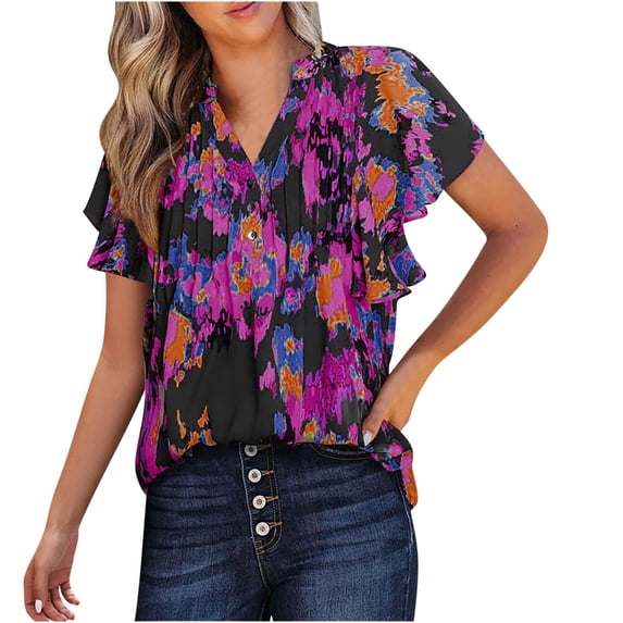 Lovskoo Women's Casual Floral Print V Neck Ruffle Short Sleeve Trendy Bohon Hawaiian Shirt with Button Top Blouse Blue 2XL