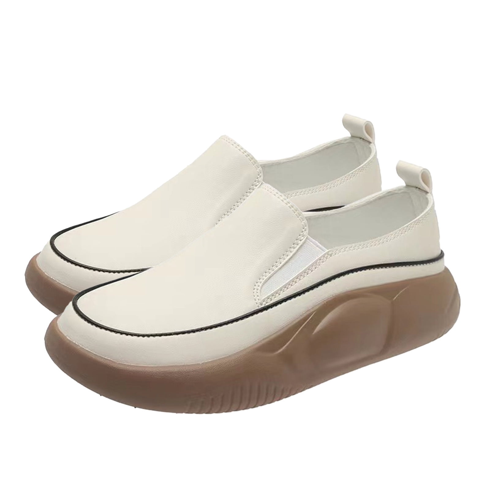 Lovskoo 2024 Women's Casual Platform Loafers Round Toe Thick Sole Slip On  Maternity Shoes Soft Leather Retro Flats Beige 