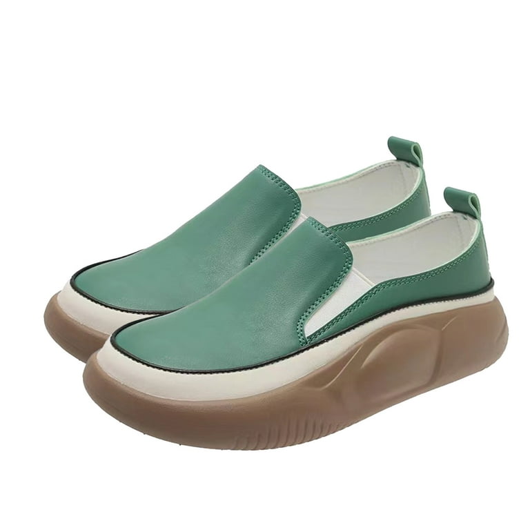 Lovskoo 2024 Women's Casual Platform Loafers Round Toe Thick Sole Slip On  Maternity Shoes Soft Leather Retro Flats Green