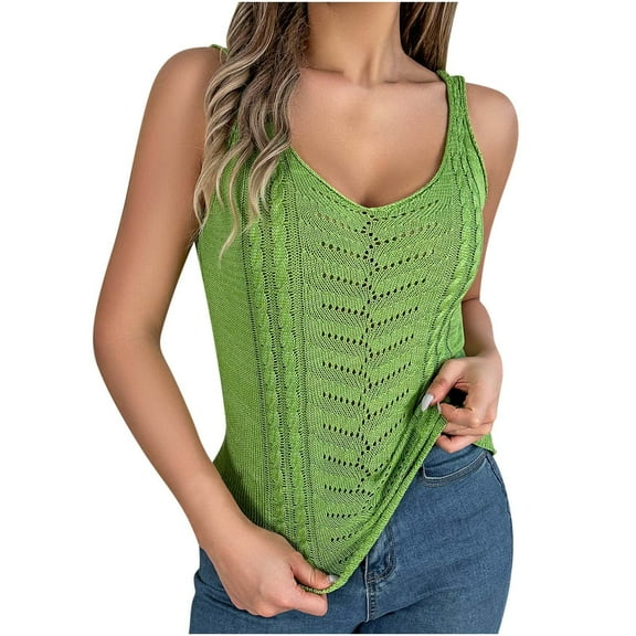Lovskoo 2024 Women's Causal Solid V Neck Tank Tops Summer Knit Sleeveless Shirts Hollow Out Camisole Tops Vacation Vest Tank Tops Green S