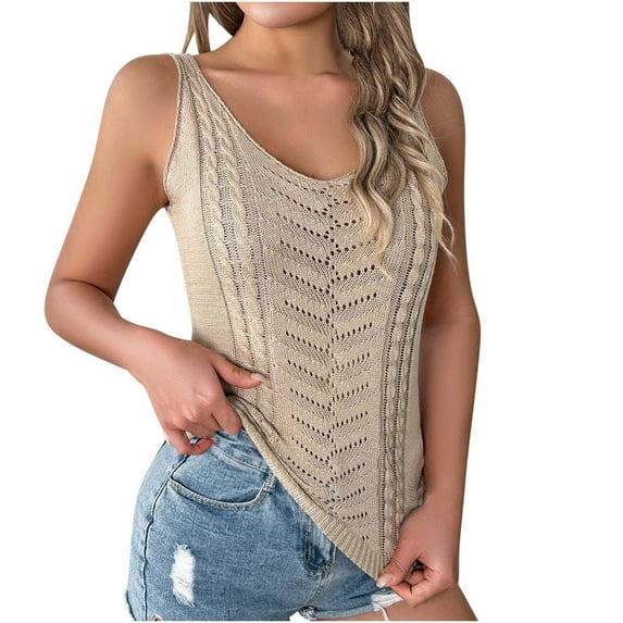 Lovskoo 2024 Women's Causal Solid V Neck Tank Tops Summer Knit Sleeveless Shirts Hollow Out Camisole Tops Vacation Vest Tank Tops Khaki L