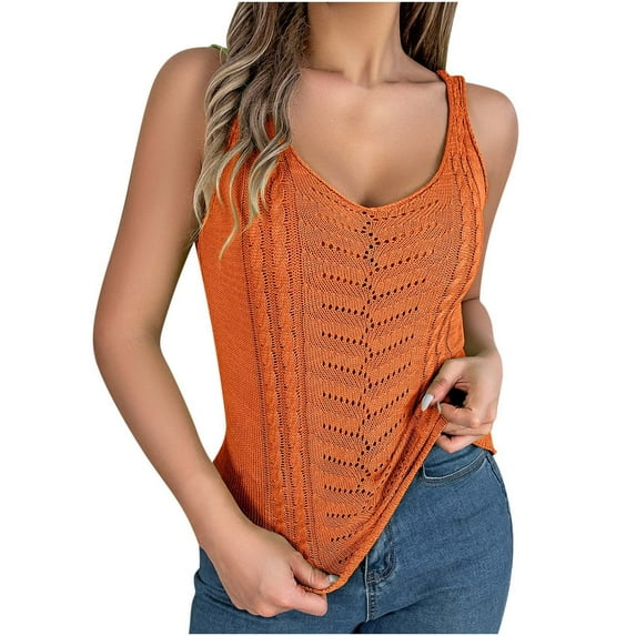 Lovskoo 2024 Women's Causal Solid V Neck Tank Tops Summer Knit Sleeveless Shirts Hollow Out Camisole Tops Vacation Vest Tank Tops Orange M