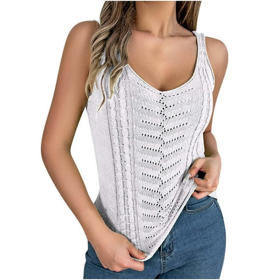 Lovskoo 2024 Women's Causal Solid V Neck Tank Tops Summer Knit Sleeveless Shirts Hollow Out Camisole Tops Vacation Vest Tank Tops White M