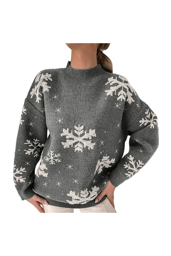 2024 Women's Christmas Snowflake Reindeer Knitted Sweater Long Sleeve Crew Neck Animal Print Pullover Knitwear Gray