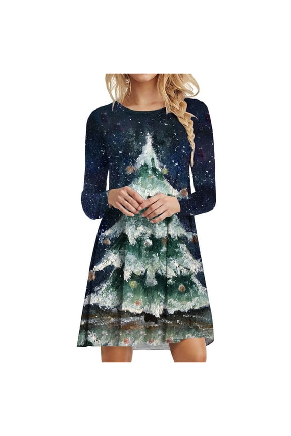 Women's Christmas Tunic Dress Fashion Xmas Tree Print Long Sleeve Round Neck T-Shirt Dress Dark Blue