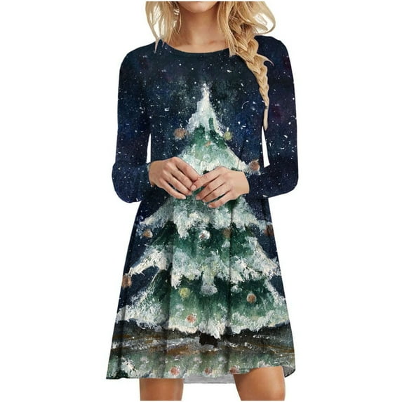 Lovskoo 2024 Women's Christmas Tunic Dress Fashion Xmas Tree Print Long Sleeve Round Neck T-Shirt Dress Dark Blue